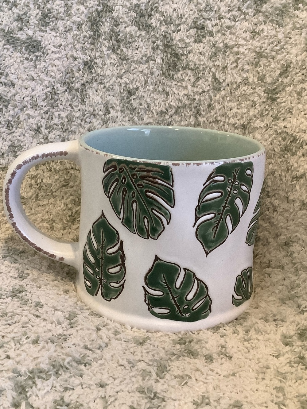 White Tropical Ceramic Mug with Green Monstera Leaf RS 16oz.